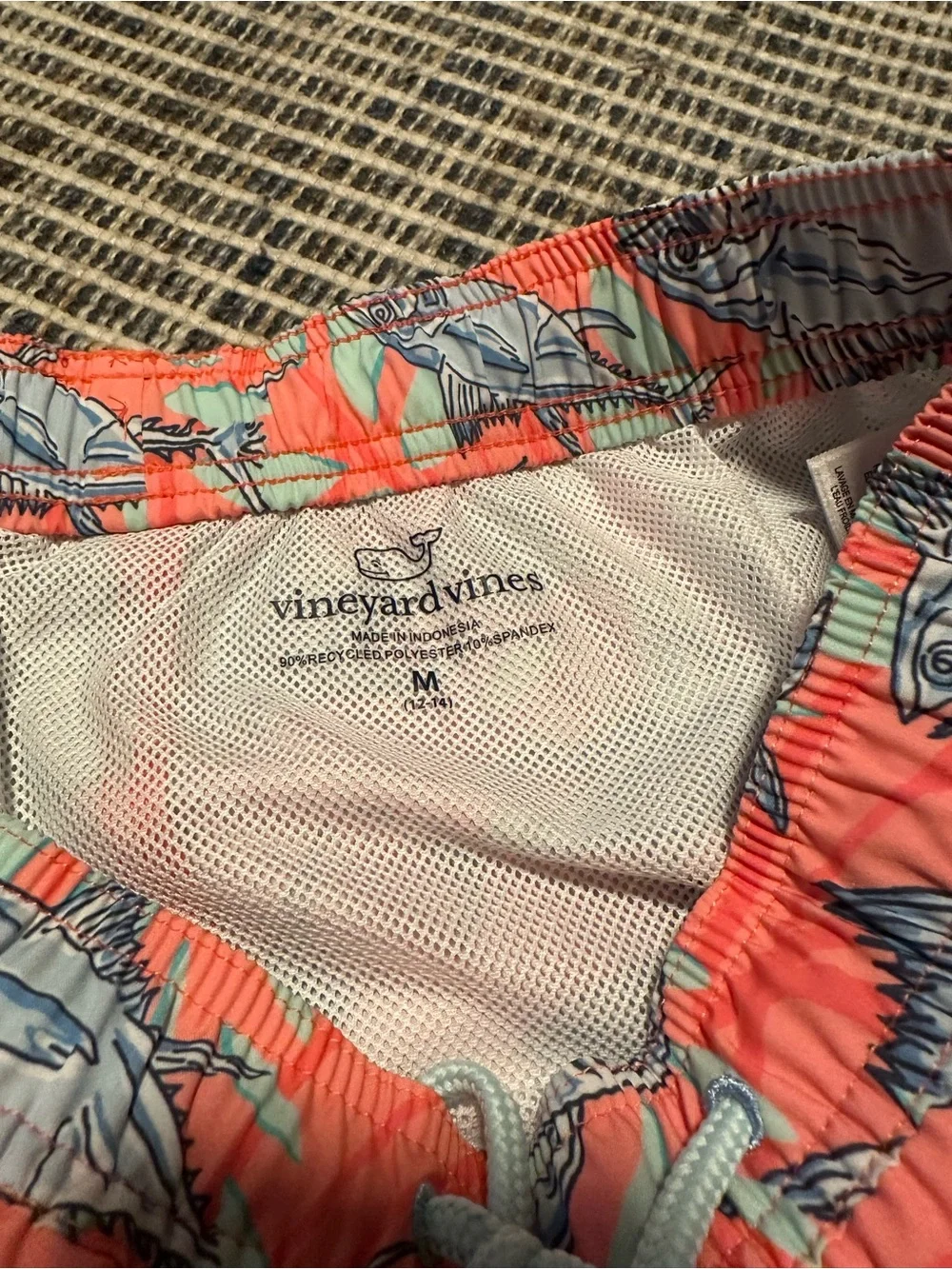 Vineyard Vines Coral Swim Trunks with Blue Fish Print Medium 12-14yo